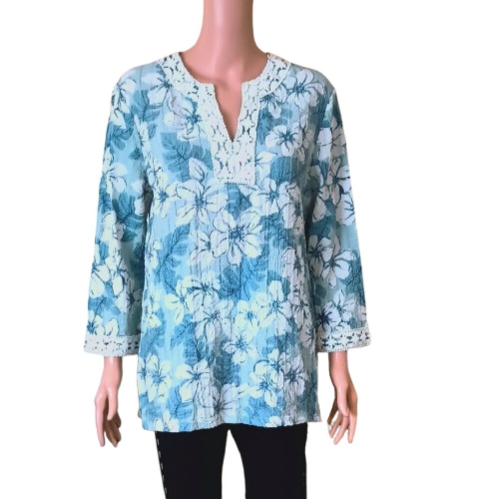 Cathy Daniels Tropical Floral Top S Crochet Trim 3/4 Sleeve V Neck Crepe Tunic
